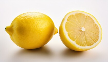A whole lemon and a lemon cut in half on a white background.  Vibrant yellow citrus fruit.