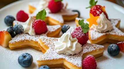 Whimsical star-shaped pancakes kitchen food art cozy home close-up pancakes with fruit and whipped cream