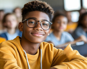 Portrait of a smiling African-American teenage boy wearing glasses in a classroom setting.  He's wearing a mustard-yellow hoodie.