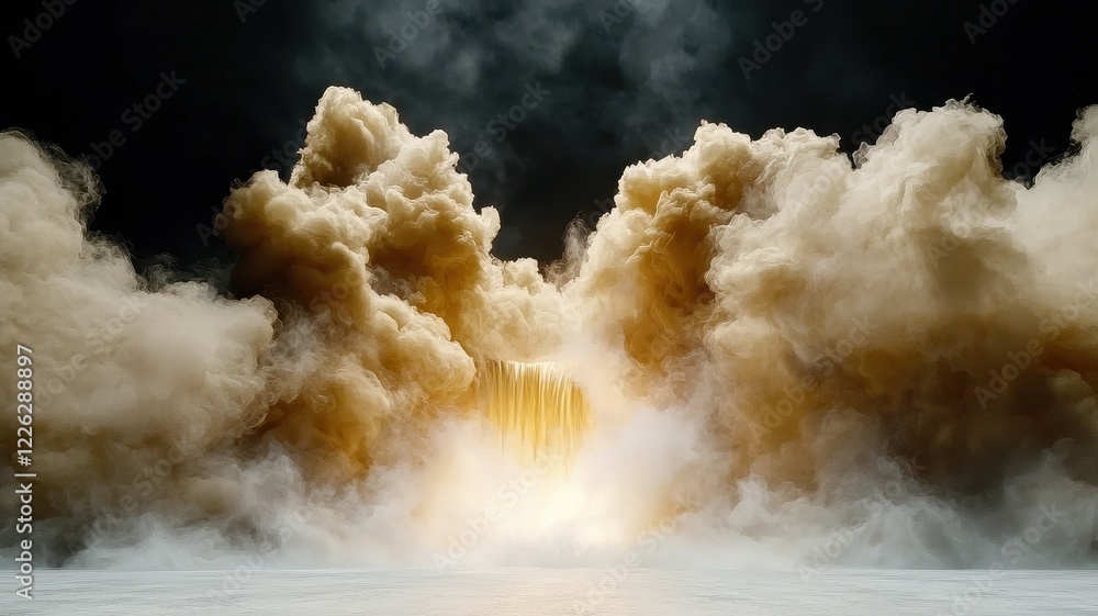 Poster a dramatic scene featuring a burst of light surrounded by thick clouds of dust and smoke, creating a