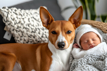 Obraz premium Adorable basenji dog gently guarding a sleeping newborn baby. Sweet, heartwarming image perfect for family, pet, or baby-related projects.
