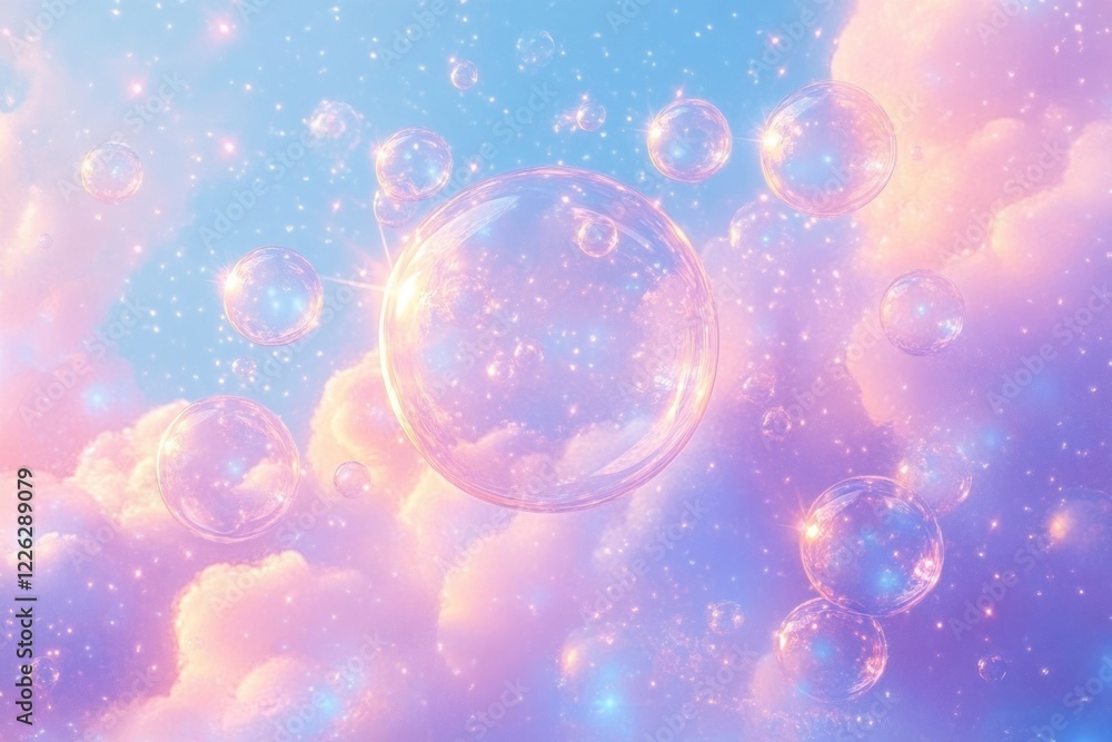 Poster pastel clouds and colorful bubbles floating in a dreamy sky background