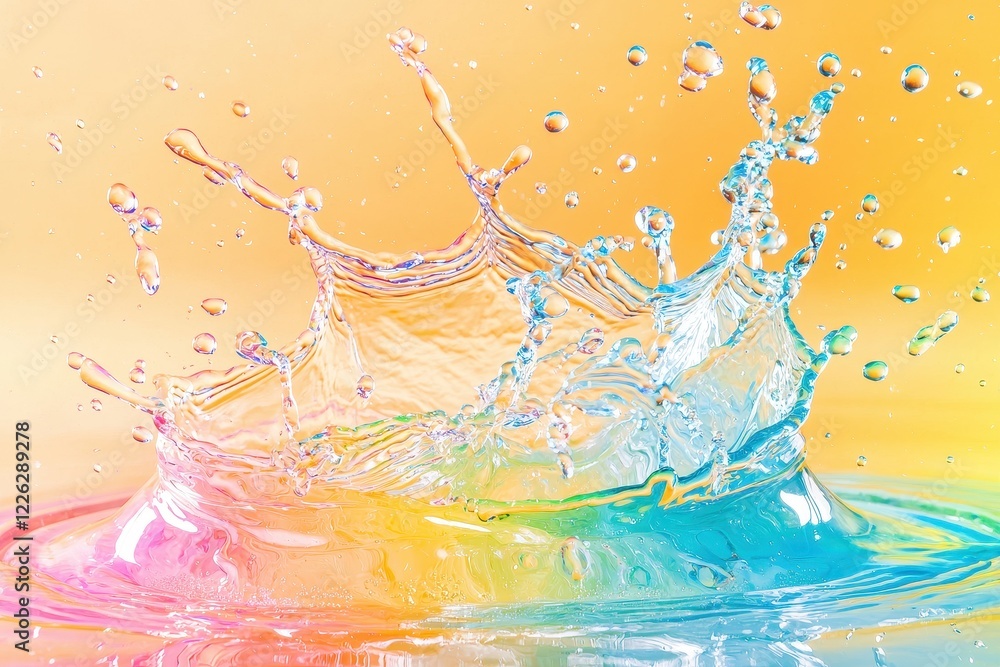 Poster a vibrant splash of water creates a colorful display against a warm gradient background, showcasing 