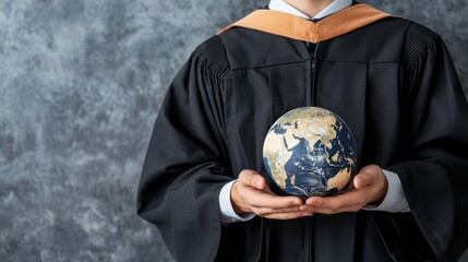 A graduate in a gown holds a globe, symbolizing education and global awareness.