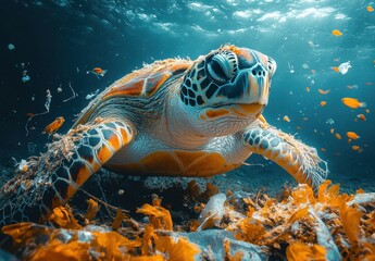 Obraz premium Majestic sea turtle swimming gracefully through vibrant underwater environment filled with colorful plants and intriguing marine life in clear water