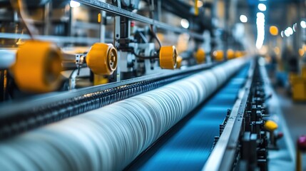 Workers producing fabrics on industrial machines in a modern textile plant.