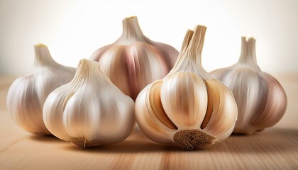 Close-up of five whole garlic bulbs on a wooden surface.