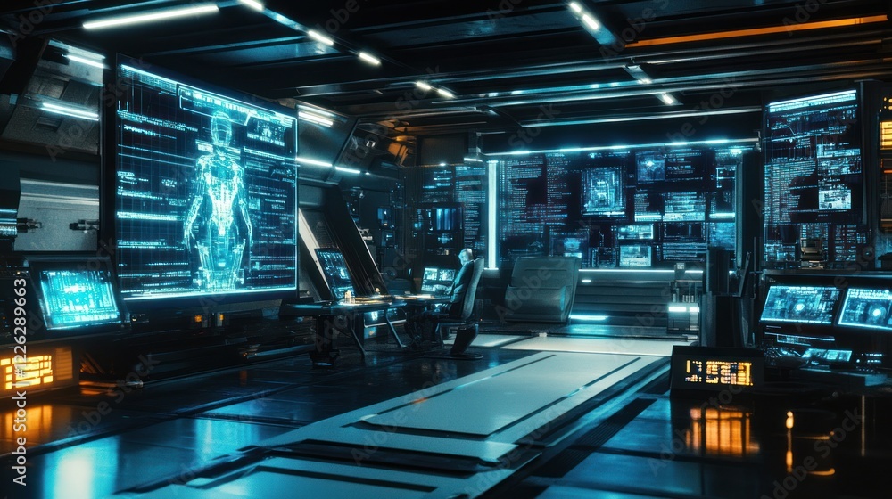 Poster futuristic control room with multiple screens and a person working at a desk