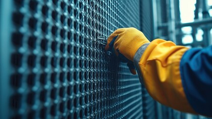 A worker in safety gloves interacts with a textured surface, showcasing an industrial environment focused on maintenance and safety.
