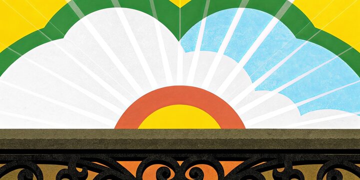 A sun is shining on a building with a green and white design