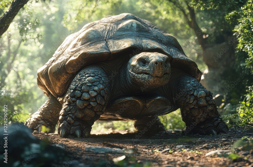 Poster majestic tortoise in a serene forest setting showcasing intricate shell patterns and natural light f