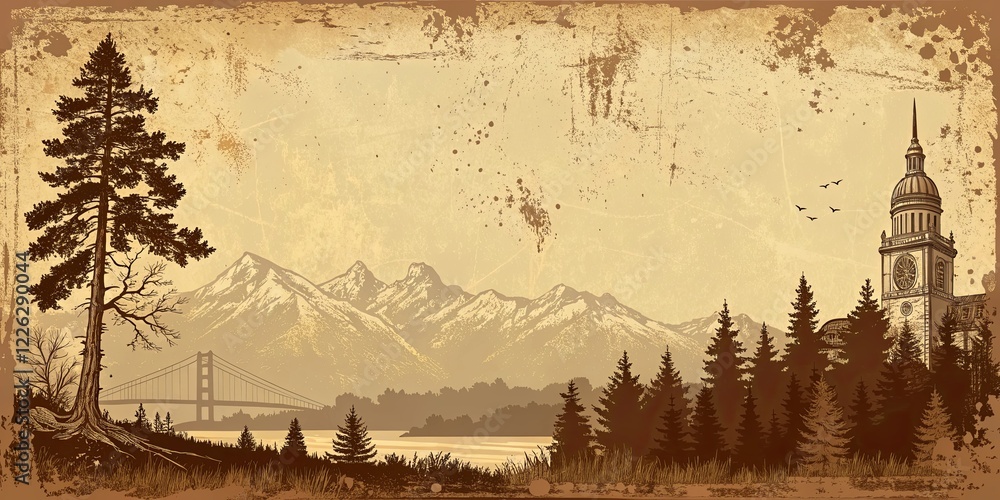 Poster a mountain range is in the background of a painting