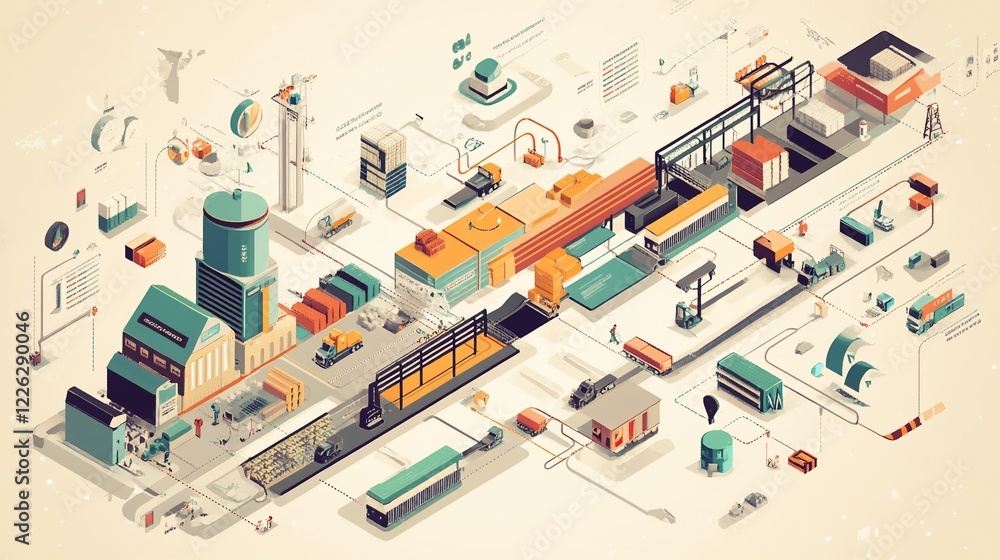Poster isometric illustration of a factory production and distribution process with various elements and ve