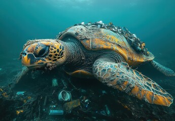 Fototapeta premium Majestic Sea Turtle Timelessly Navigates Ocean Depths Amidst Human Pollution, Highlighting Urgent Need for Marine Conservation Efforts
