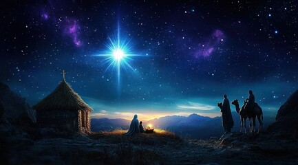 Fototapeta premium Nativity Scene with Holy Family Under Starry Sky and Wise Men on Camels