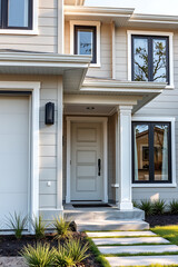 Obraz premium Modern House Exterior: Contemporary Home Design and Architecture. Luxury Real Estate, Beige Facade, Grey Door, Landscaping, Pathway