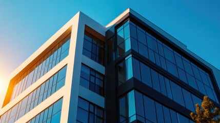 Modern office building, glass facade, city, sunset, business success