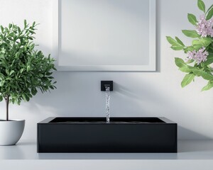 A modern black sink with running water, surrounded by lush green plants and a blank mirror, creating a serene and stylish bathroom atmosphere.