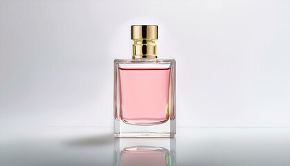 Elegant pink perfume bottle with a gold cap, minimalist product shot.