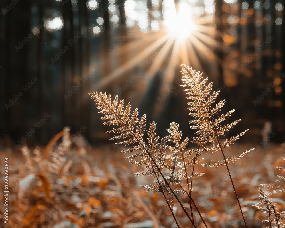 Poster a serene scene of sunlight filtering through trees, illuminating delicate ferns in a tranquil forest