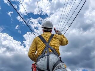 A worker in safety gear inspects overhead power lines under a cloudy sky, demonstrating safety and maintenance in electrical infrastructure.