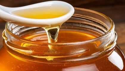 Golden honey pours from a spoon into a glass jar.