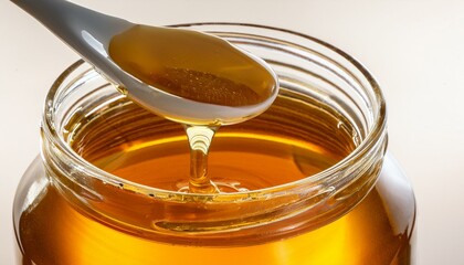 Golden honey pours from a spoon into a glass jar. Sweet treat!