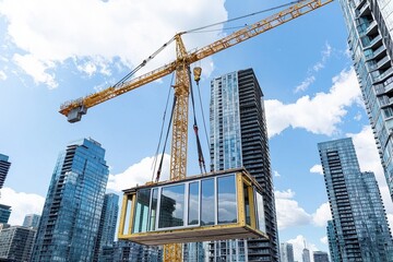 Fototapeta premium A construction crane lifts a glass structure amidst modern skyscrapers under a bright blue sky with scattered clouds.