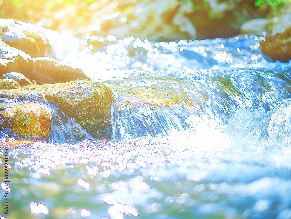 Poster a serene stream flowing over rocks, illuminated by sunlight, creating a tranquil and refreshing atmo