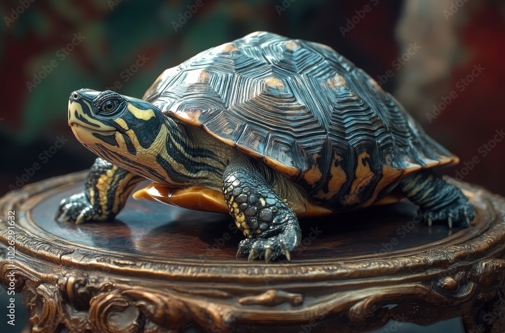 Poster realistic depiction of a turtle sculpture resting on an intricately carved wooden table with a color