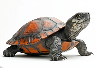 Fototapeta premium Realistic depiction of a turtle with a detailed shell and expressive face on a white background, showcasing natural textures and colors in full detail