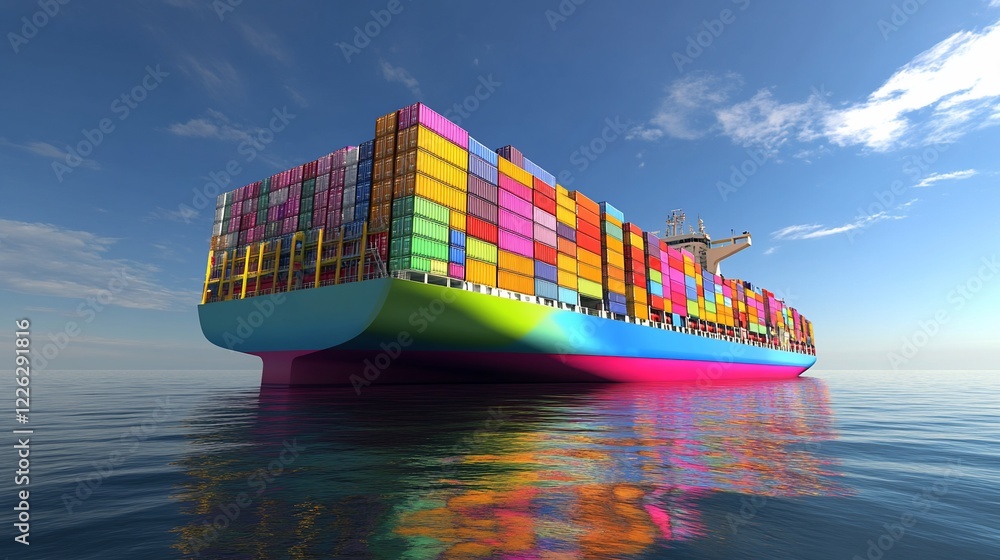 Aufkleber colorful container ship sails on a calm ocean with a clear blue sky above its reflection visible on 