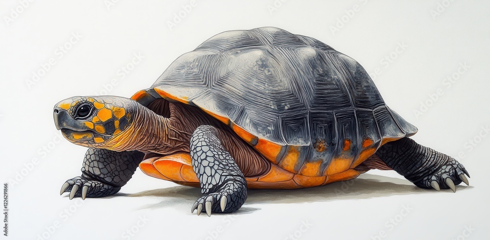 Poster realistic illustration of a colorful tortoise with intricate shell and vibrant patterns depicting th