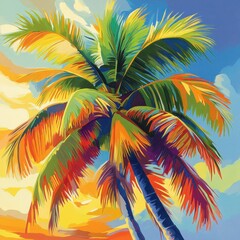 Fototapeta premium Vibrant Palm Tree Illustration in Flat Design with Lush Green Leaves and Bold Colors