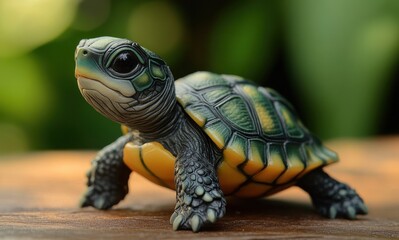 Fototapeta premium Realistic sea turtle figurine on a wooden surface surrounded by blurred green foliage creating a vibrant and natural atmosphere in the background