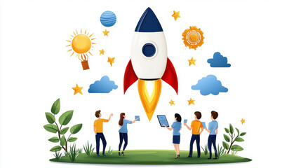 Fototapeta premium Team celebrating successful launch with rocket, surrounded by clouds, stars, and planets, symbolizing innovation and teamwork
