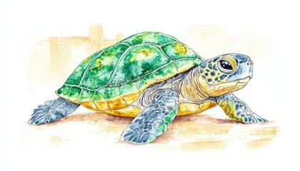 Obraz premium A colorful illustration of a turtle, showcasing its vibrant shell and detailed features against a light backdrop.