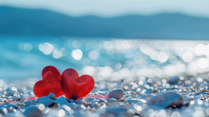 Fototapeta premium Two red paper hearts on a white beach with a stunning blue sea backdrop for Valentine's Day