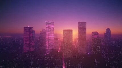 Pink and purple cityscape at sunset.