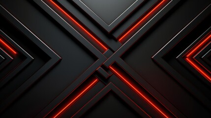 Abstract Dark Geometric Background with Red Neon Lines Intersecting Black Shapes Modern Design Digital Art Wallpaper