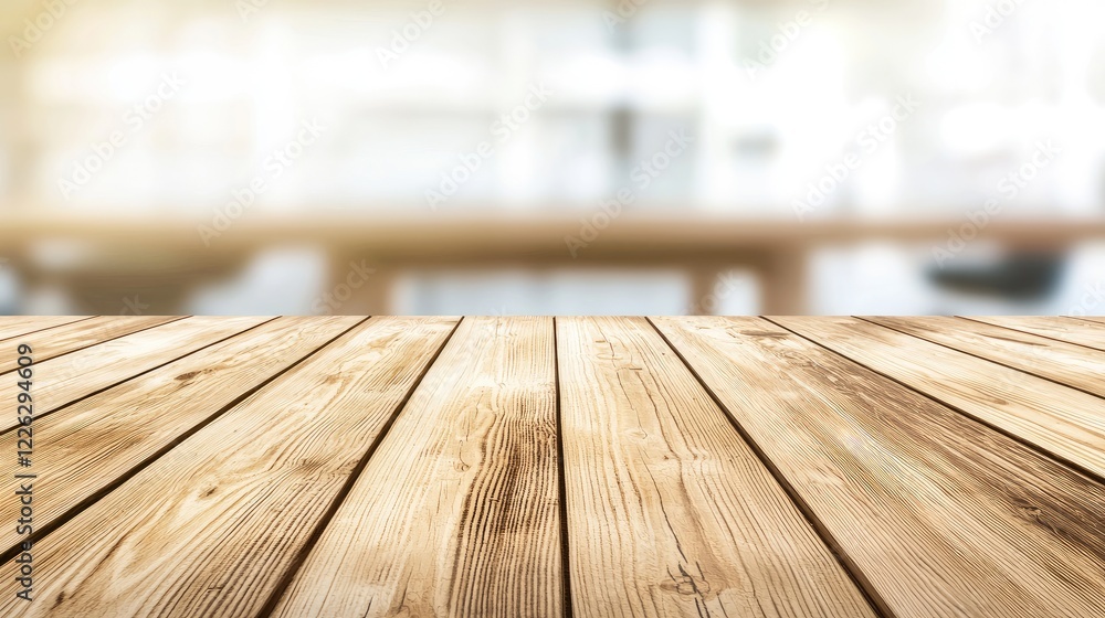 Poster rustic wooden tabletop with a softly blurred background of a bright, modern workspace, perfect for p