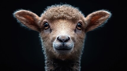 Fototapeta premium Cute lamb portrait, dark background, farm animal. Stock photo for greeting cards
