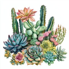 Obraz premium Vibrant Collection of Succulent Plants and Cacti with Colorful Blossoms on White Background