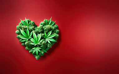 Heart-shaped cannabis buds on a vibrant red background, symbolizing love for Mary Jane.