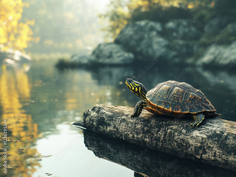 Poster turtle resting on a log by a calm lake surrounded by lush greenery and soft morning light reflecting