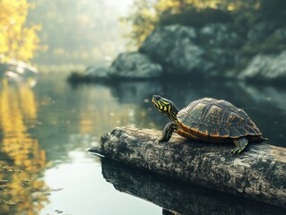 Obraz premium Turtle Resting on a Log by a Calm Lake Surrounded by Lush Greenery and Soft Morning Light Reflecting on the Water's Surface