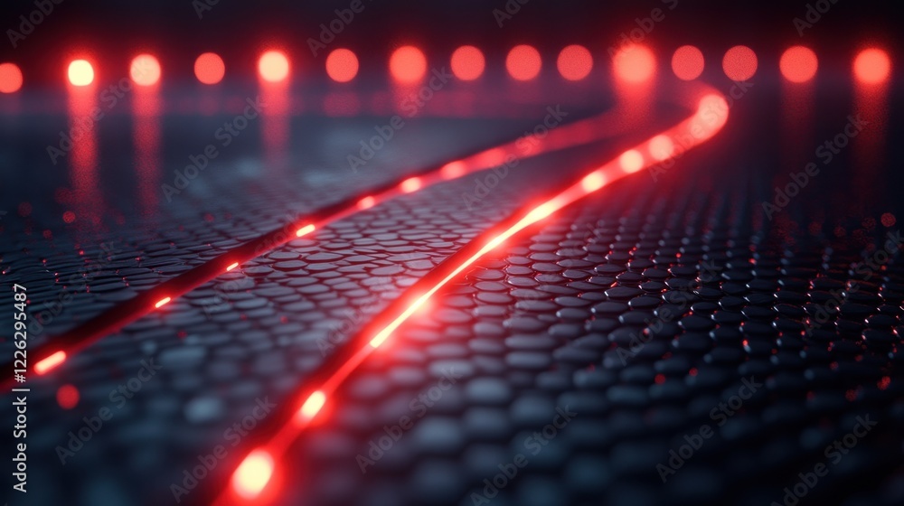 Poster abstract red glowing lines on dark hexagonal surface futuristic technology background