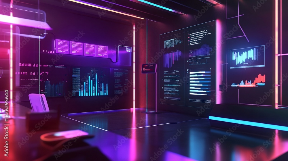 Poster a futuristic control room with glowing neon lights and multiple data displays