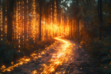 Obraz premium A vibrant and lush forest scene with digital streams of data flowing through, creating a mesmerizing blend of nature and technology