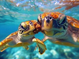 Fototapeta premium Underwater Encounter of Sea Turtles, Vibrant Colors of Marine Life, Close-Up Interaction of Adult and Young Turtles in Clear Tropical Waters